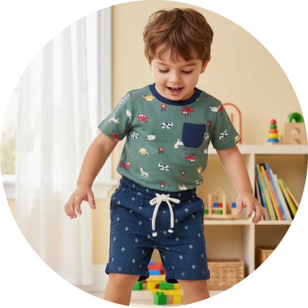 Boy wearing Kite t-shirt and shorts