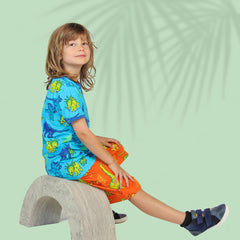 Smafolk Organic Kids s/s Tee - Dinosaur - Blue Atoll