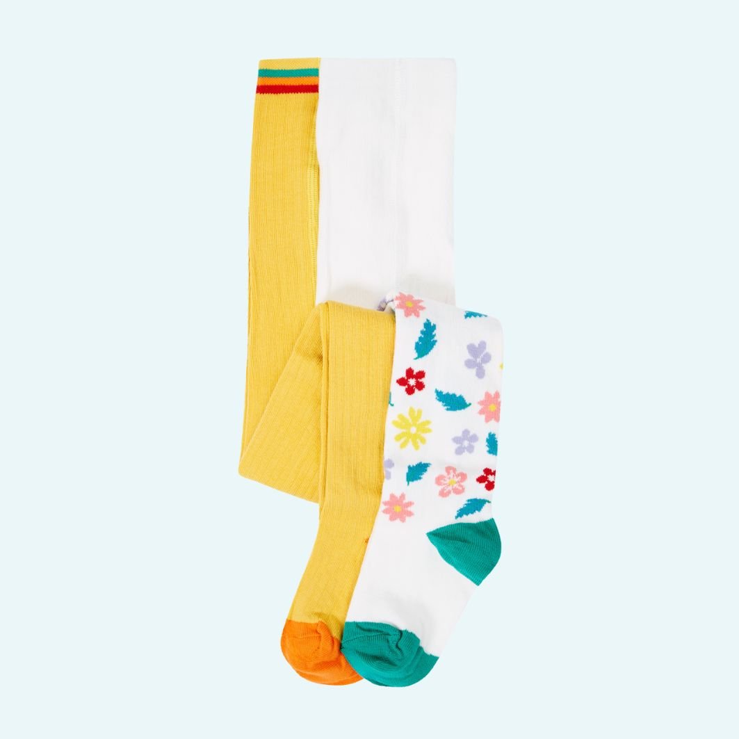 Frugi Norah 2pk Tights - Bumblebee/Flowers