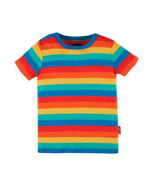 Colorful striped t-shirt with rainbow pattern on a white background