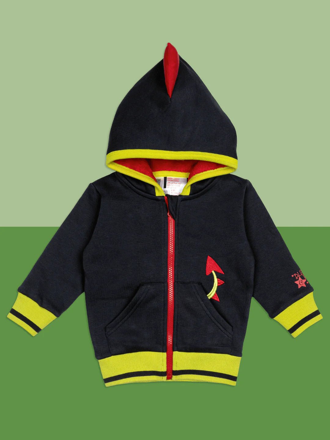 Children's hoodie with red and yellow accents on a green background