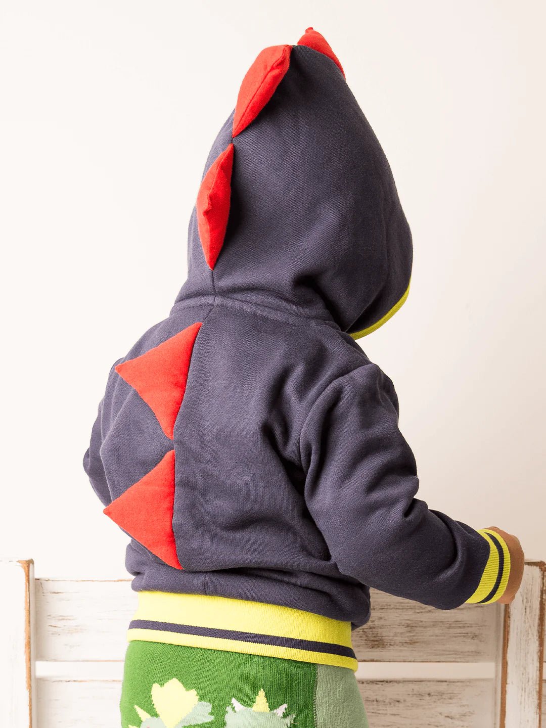 Child wearing a dinosaur-themed hoodie with red triangles on a white background