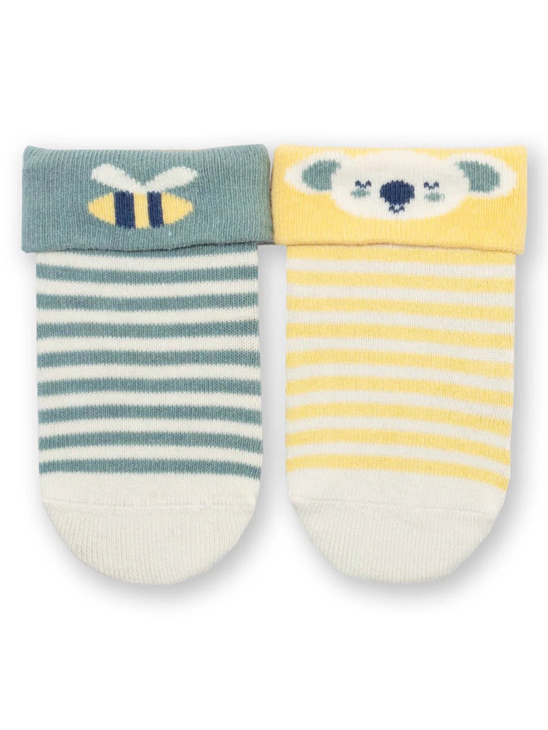 Two pairs of baby socks with animal designs on a white background