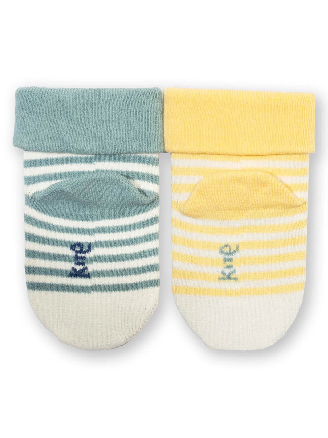 Two pairs of baby socks, one green and one yellow, with striped patterns on a white background.