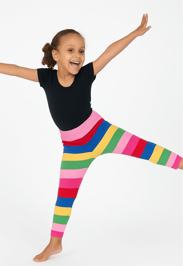 images of a young girl wearing colorful striped leggings on a plain background.
