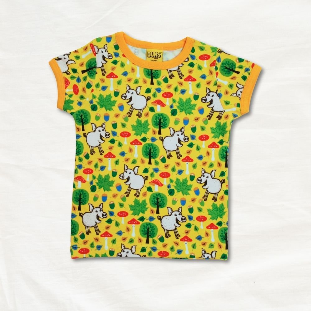 Colorful children's t-shirt with animal pattern on a white background