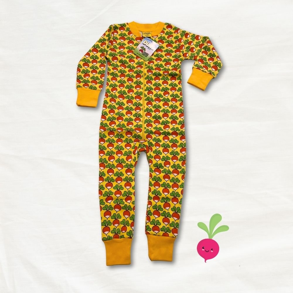 Children's onesie with radish pattern on a white background