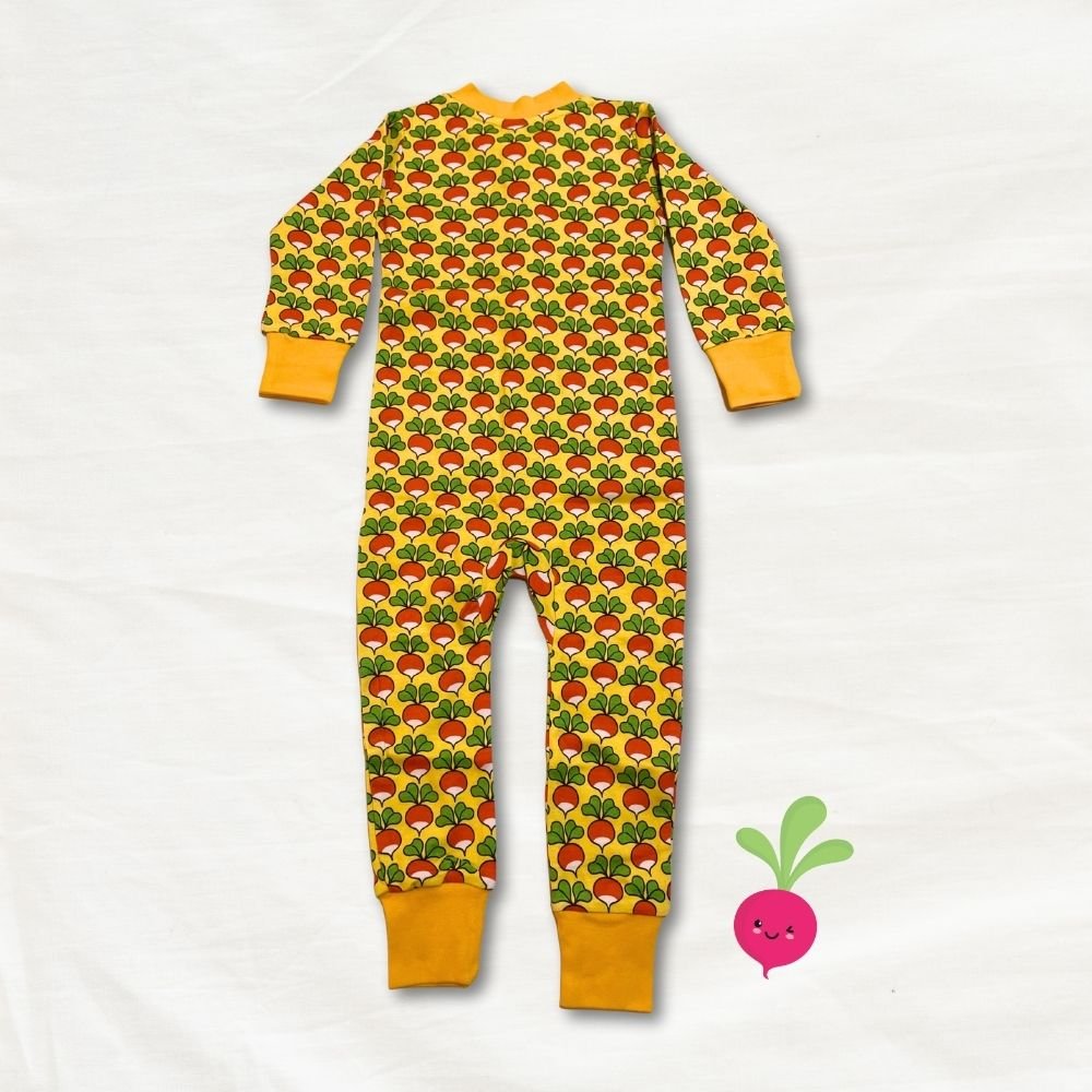 Children's onesie with radish pattern on a white background