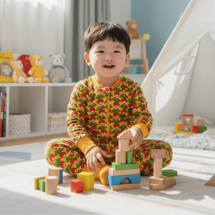 Child playing with building blocks in a room with books and a teepee.