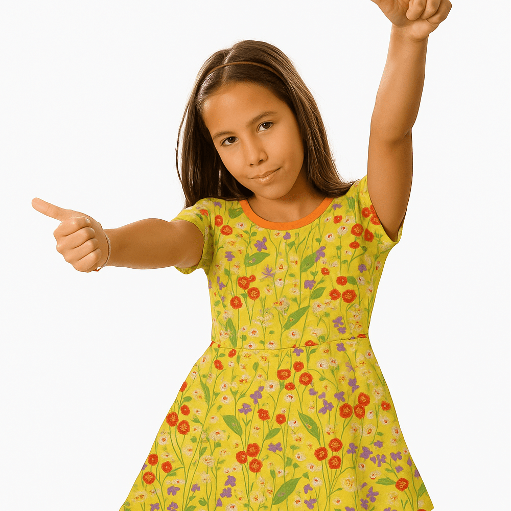 Young girl wearing a floral dress on a white background