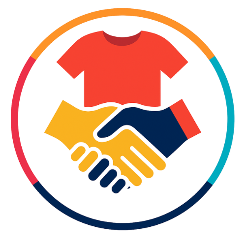 Colorful icon of a handshake and t-shirt inside a circle on a white background