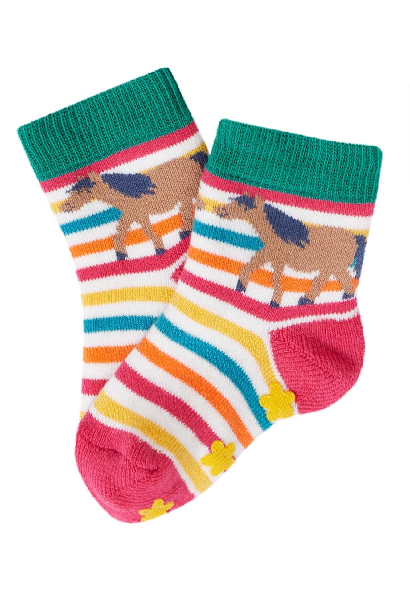 Colorful children's socks with horse design on a white background