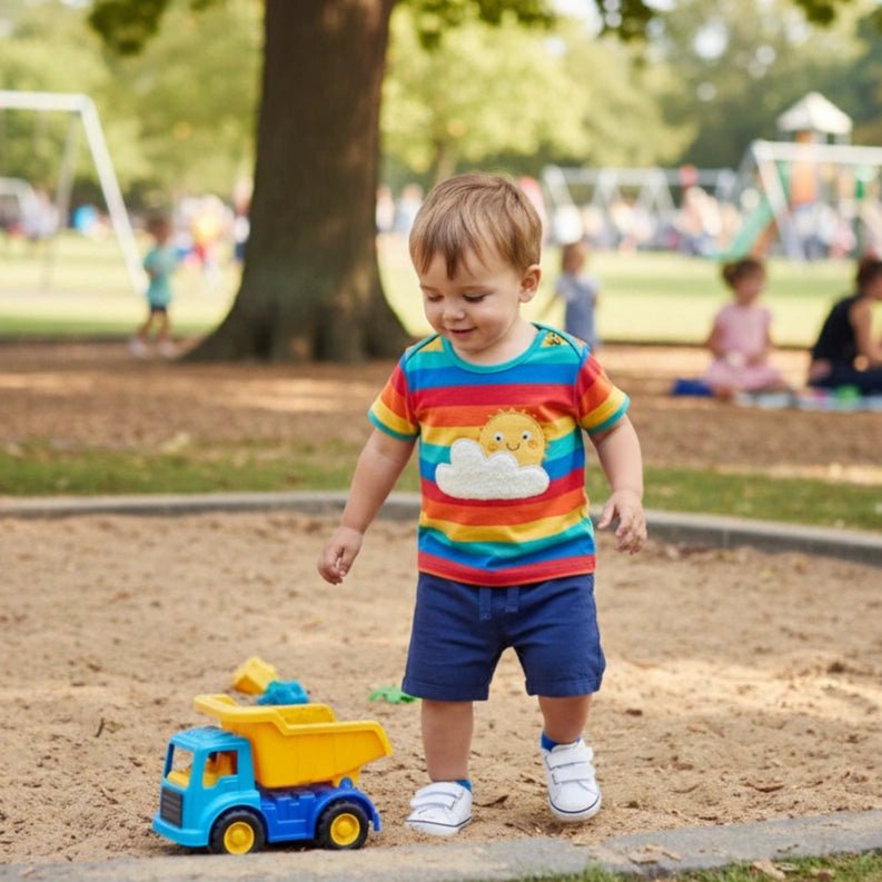 Child playing with toy trucks in a park
