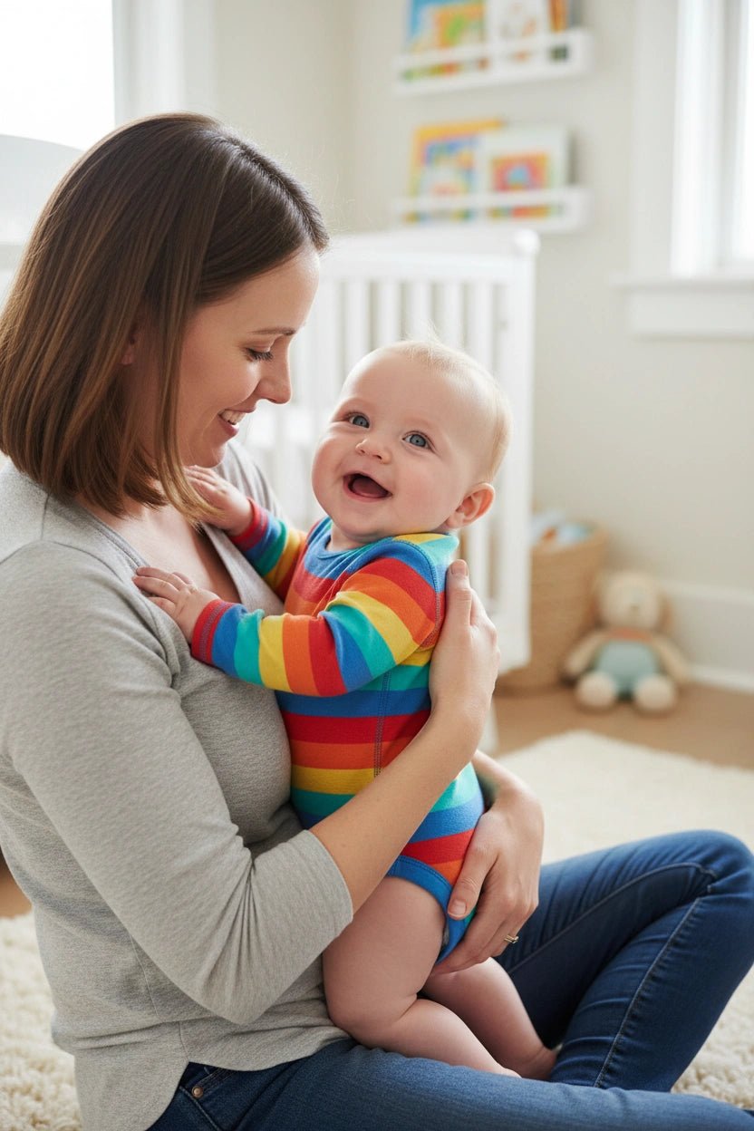 Woman holding a baby in a colorful outfit in a home setting
