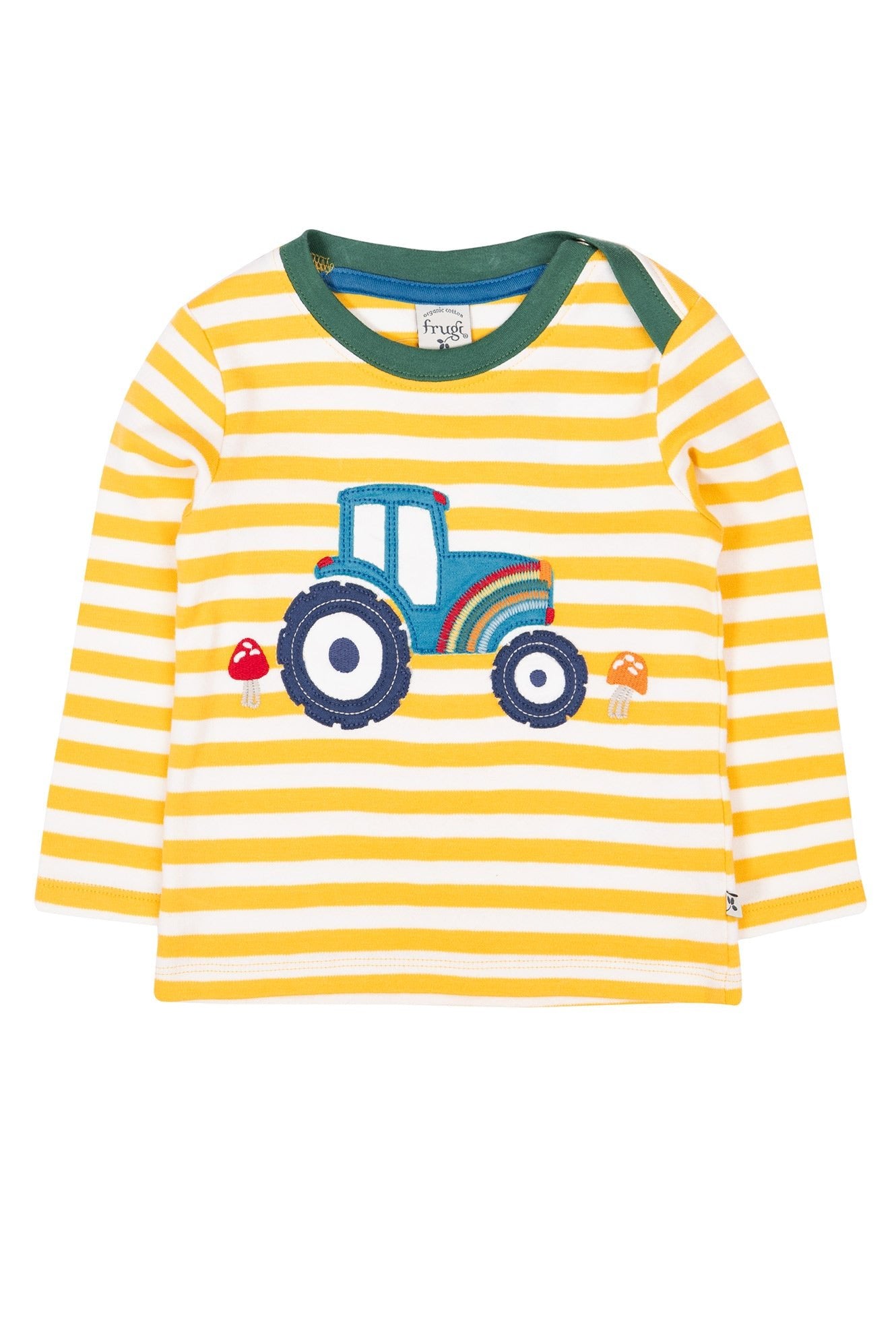 Yellow and white striped long-sleeve shirt with a tractor design on a white background