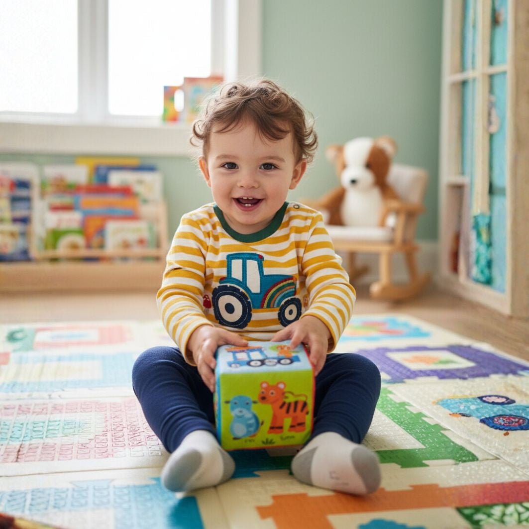 Child playing with a colorful cube in a playroom