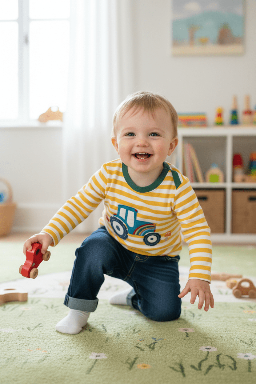 Child playing with a toy in a room with toys and a window in the background