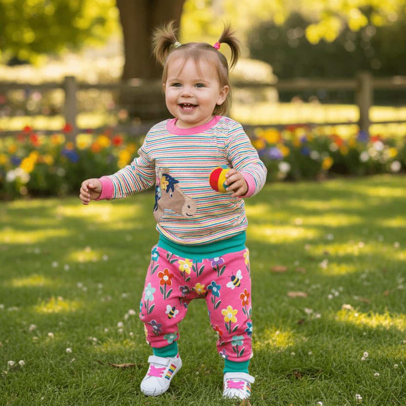 Child standing on grass holding a toy, with flowers and trees in the background