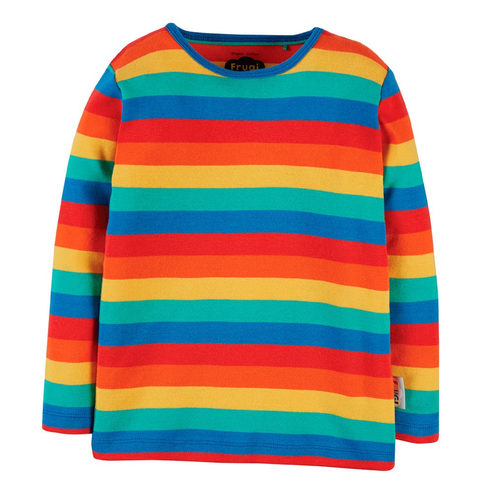 Colorful striped long-sleeve shirt with rainbow pattern on a white background