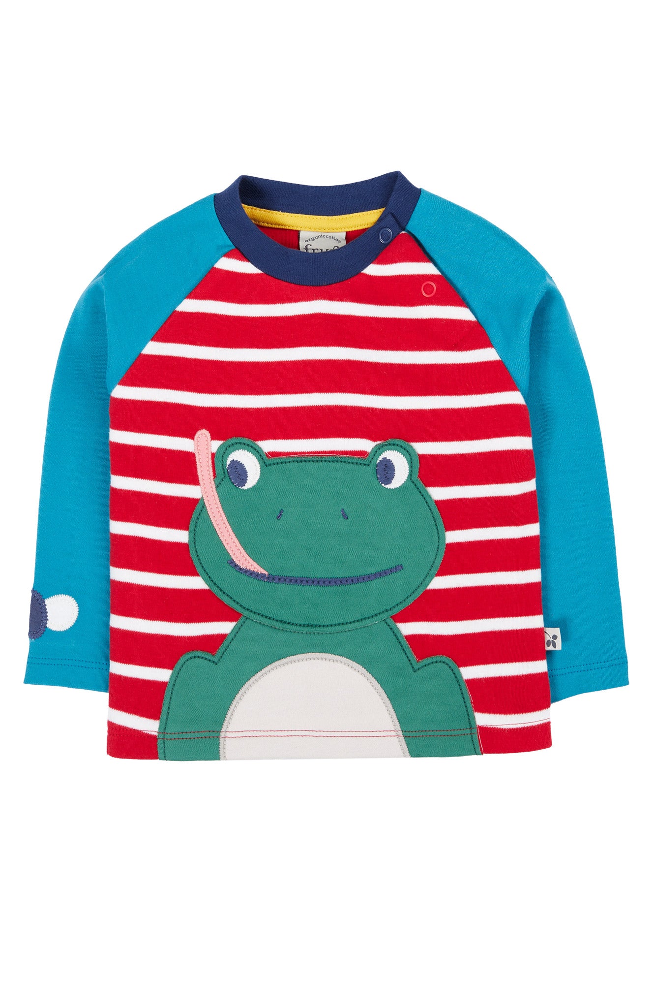 Children's long-sleeve shirt with red and blue stripes and a green dinosaur design on a white background