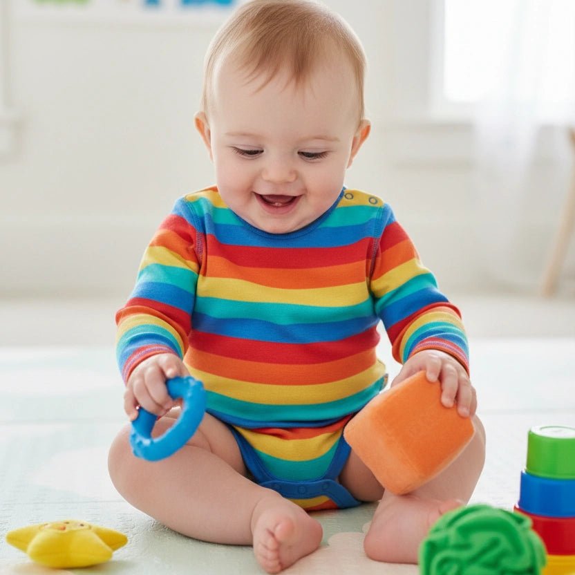 Baby in a rainbow striped outfit playing with colorful toys on a light surface.