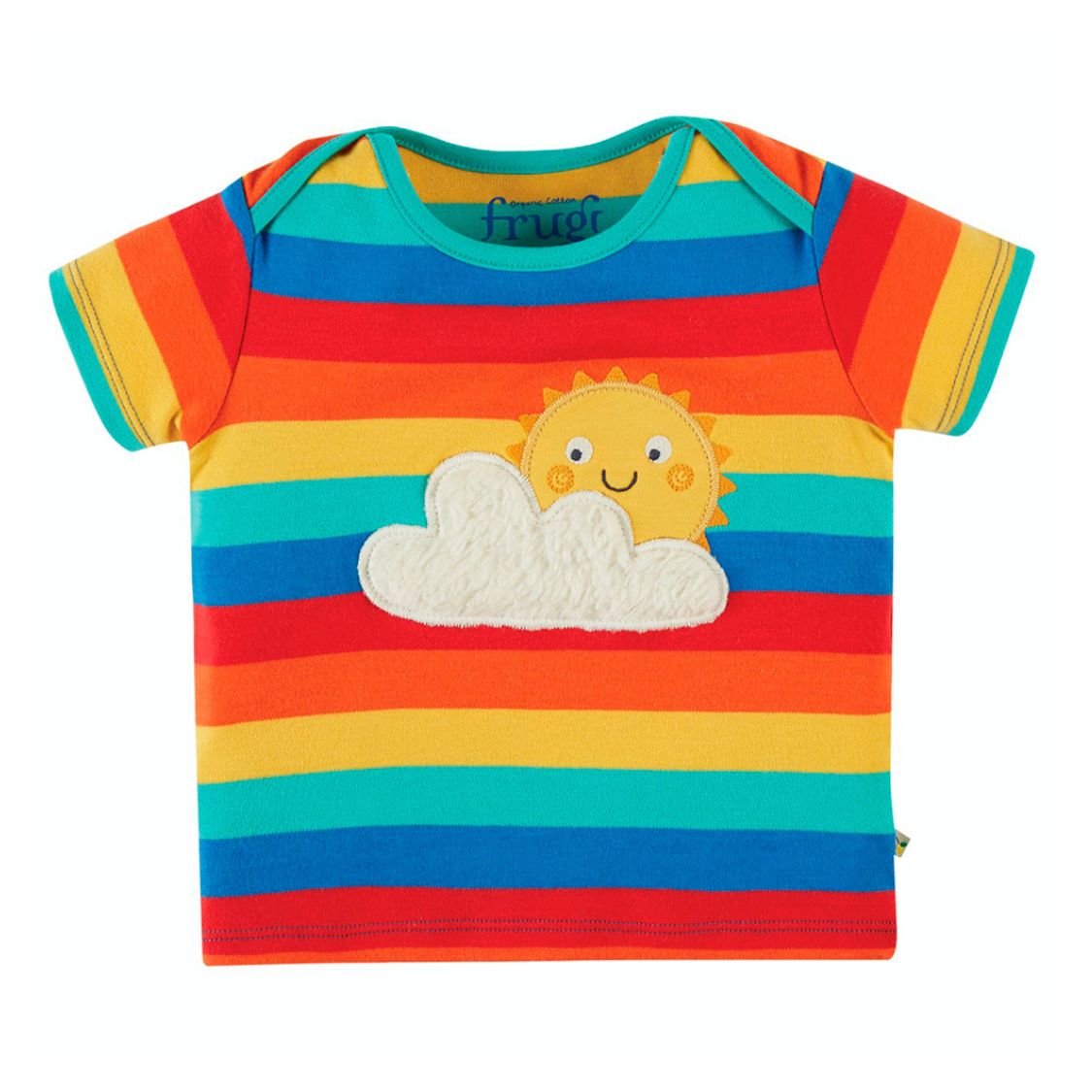 Children's rainbow striped shirt with a sun and cloud design on a white background