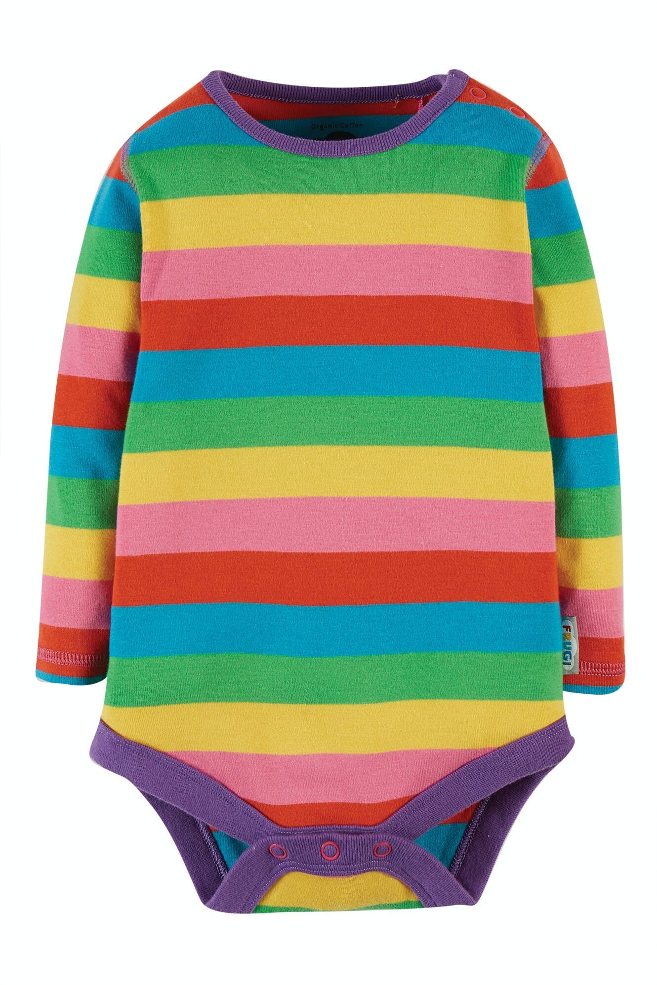 Colorful striped baby bodysuit on a white background