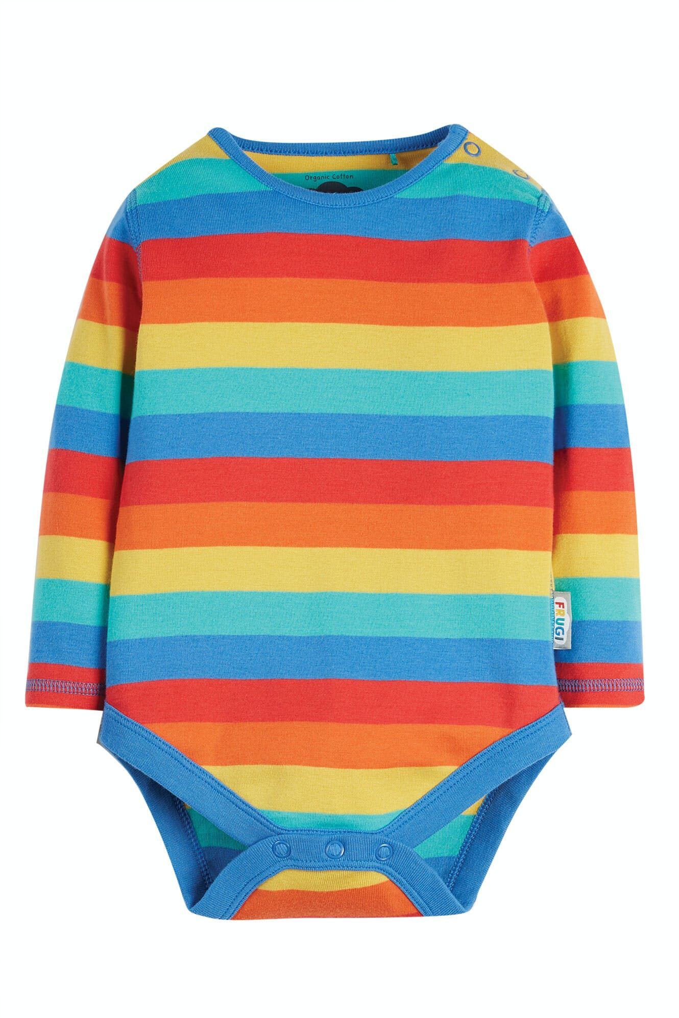 Colorful striped baby bodysuit on a white background