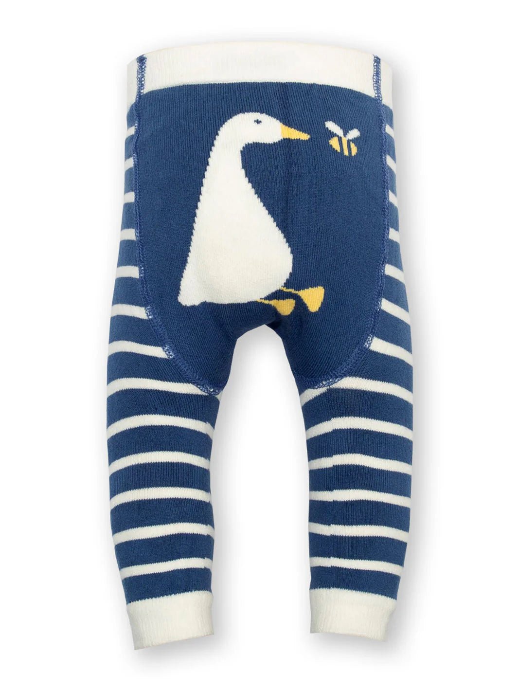 Children's leggings with a goose design on a blue and white striped background