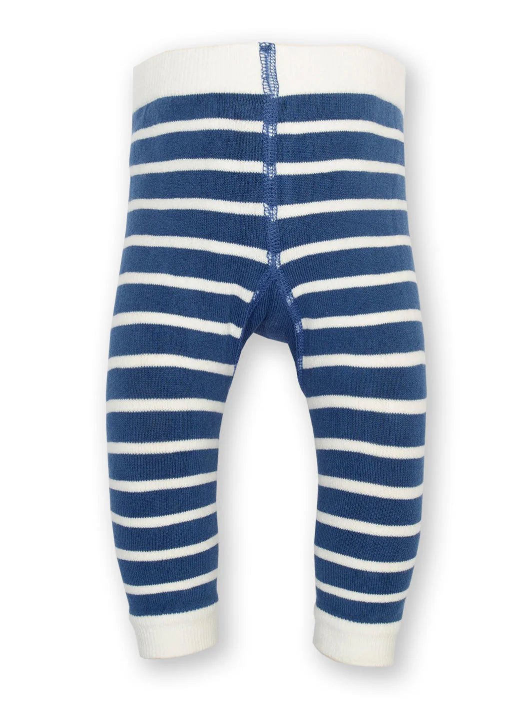 Blue and white striped baby leggings on a white background