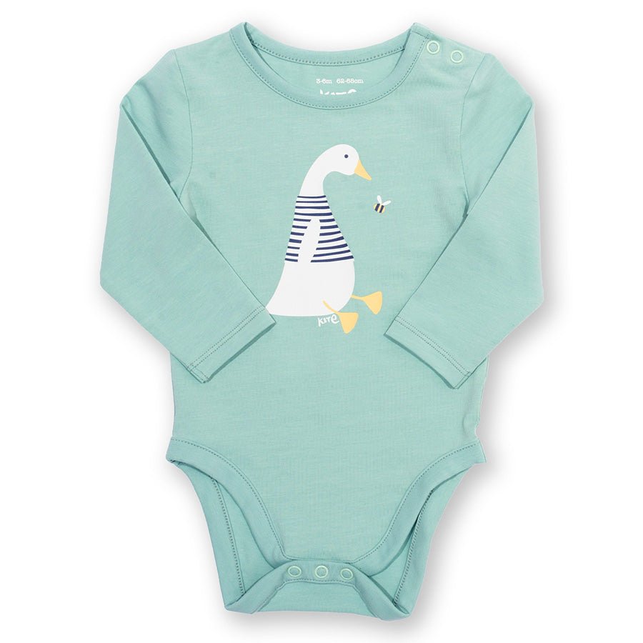Mint green baby onesie with a duck design on a white background