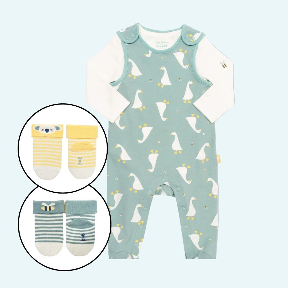Baby romper with duck pattern and matching socks on a light blue background