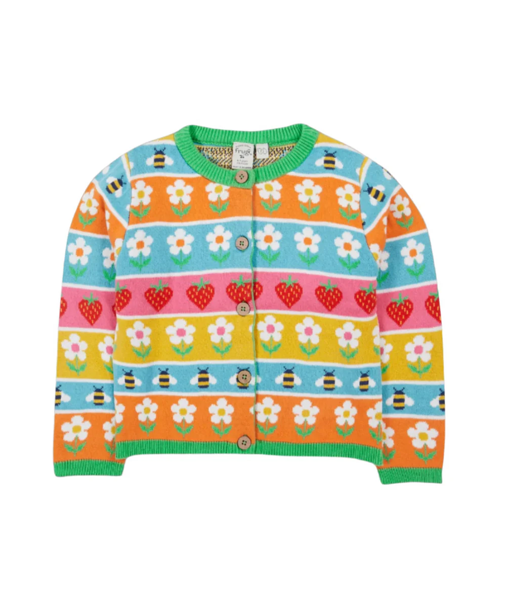 Colorful children's sweater with floral and fruit pattern on a white background