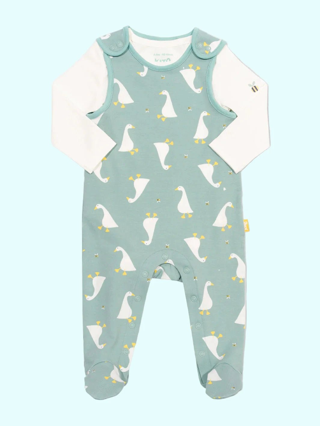 Kite Organic Little Goose Dungaree Set with goose and bee print