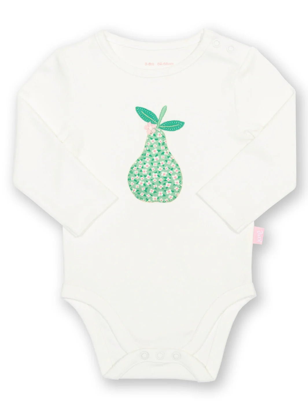 White baby onesie with a green pear design on a white background