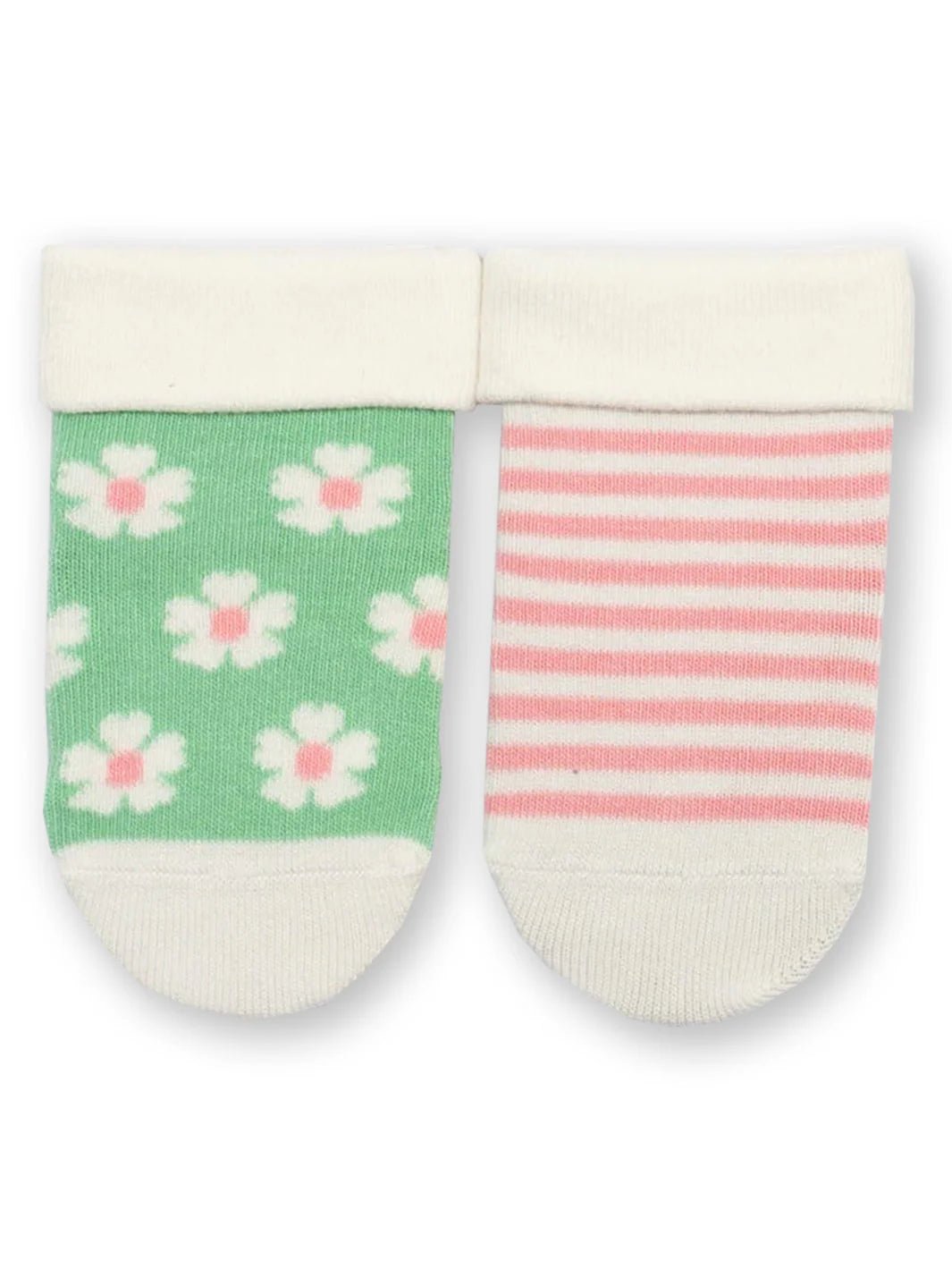 Two pairs of baby socks with floral and striped patterns on a white background