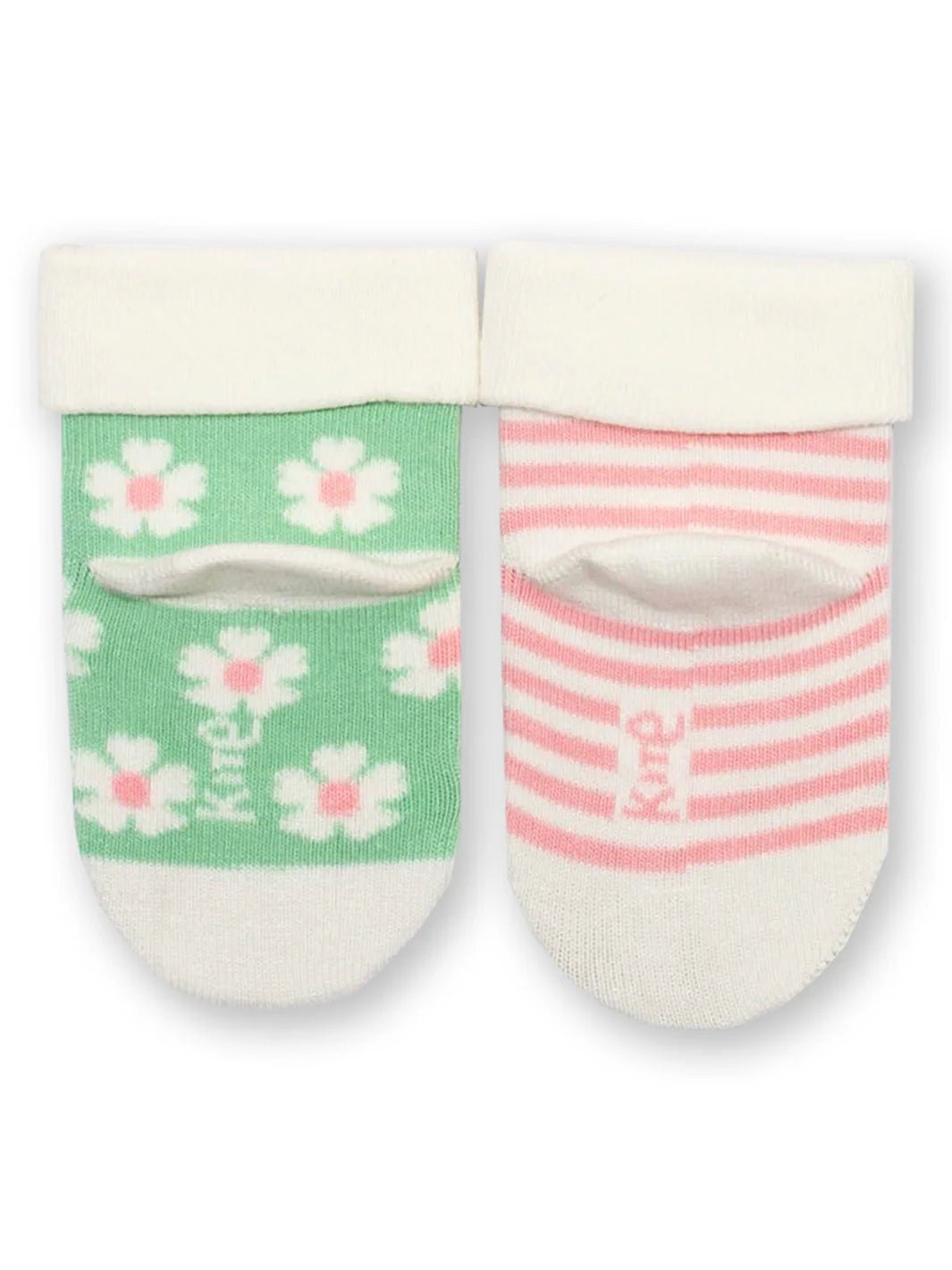 Two pairs of baby socks with floral and striped patterns on a white background