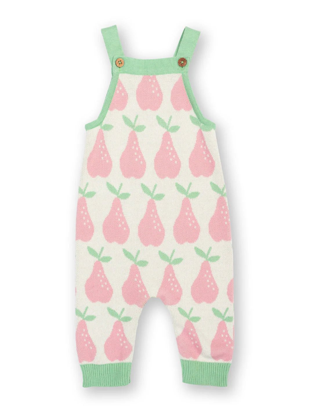Children's overalls with pink pear pattern on a white background