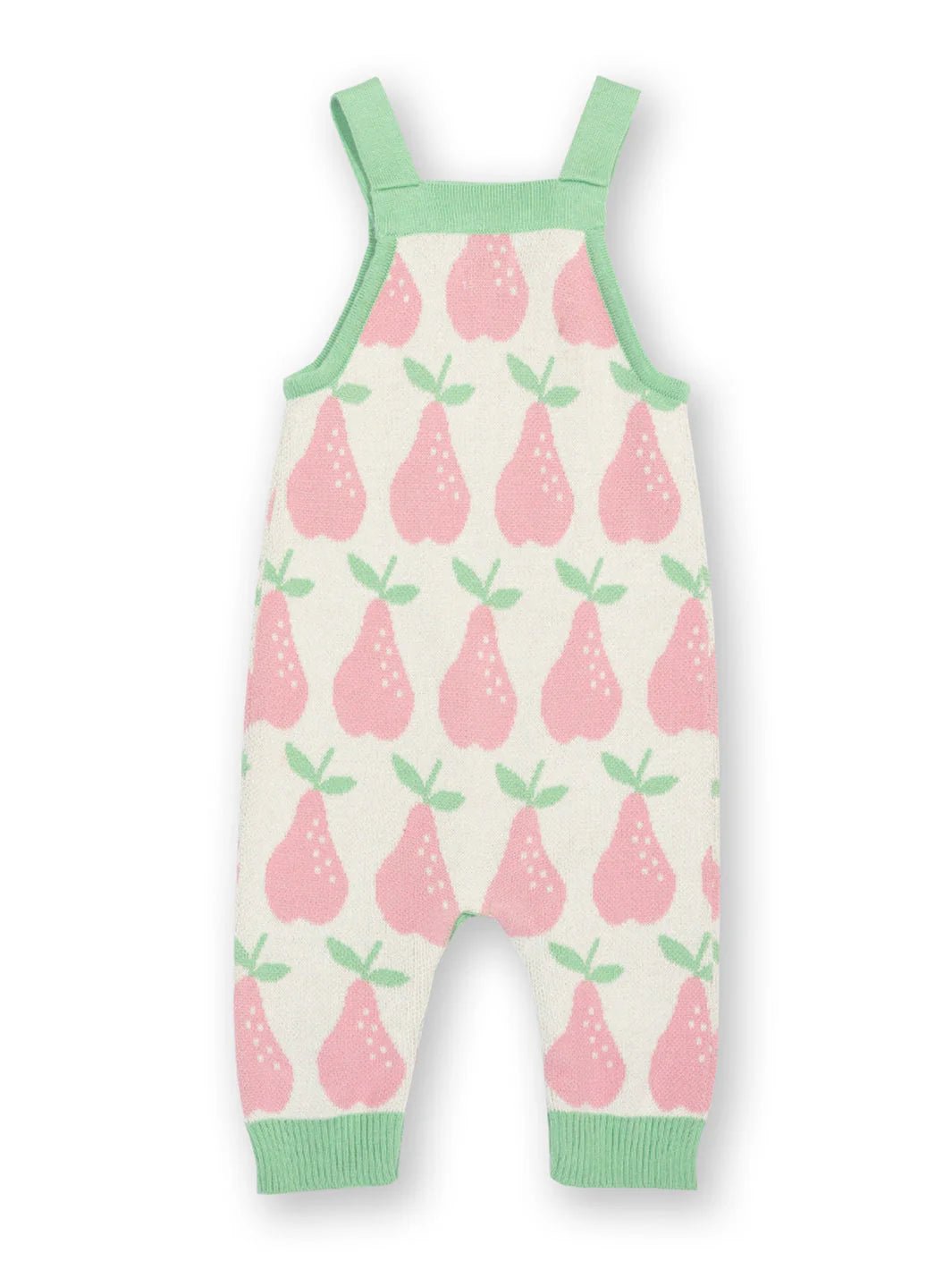 Children's overalls with pink pear pattern on a white background