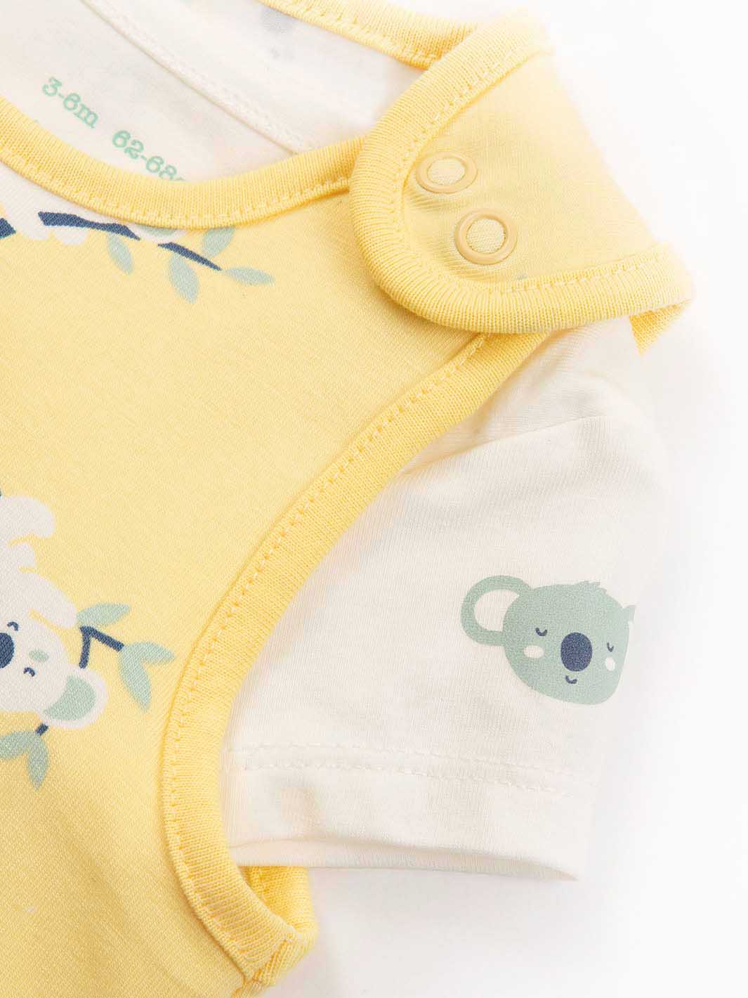 Yellow and white baby bodysuit with koala design on a white background