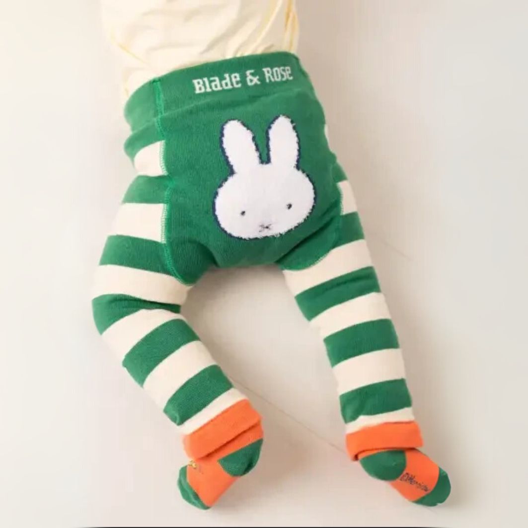 Green and white striped tights with a bunny design and 'Blade & Rose' branding on a white background.