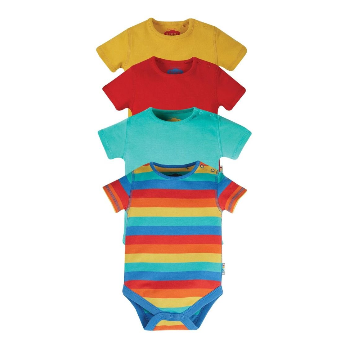 Four baby bodysuits in yellow, red, blue, and rainbow stripe pattern on a white background.