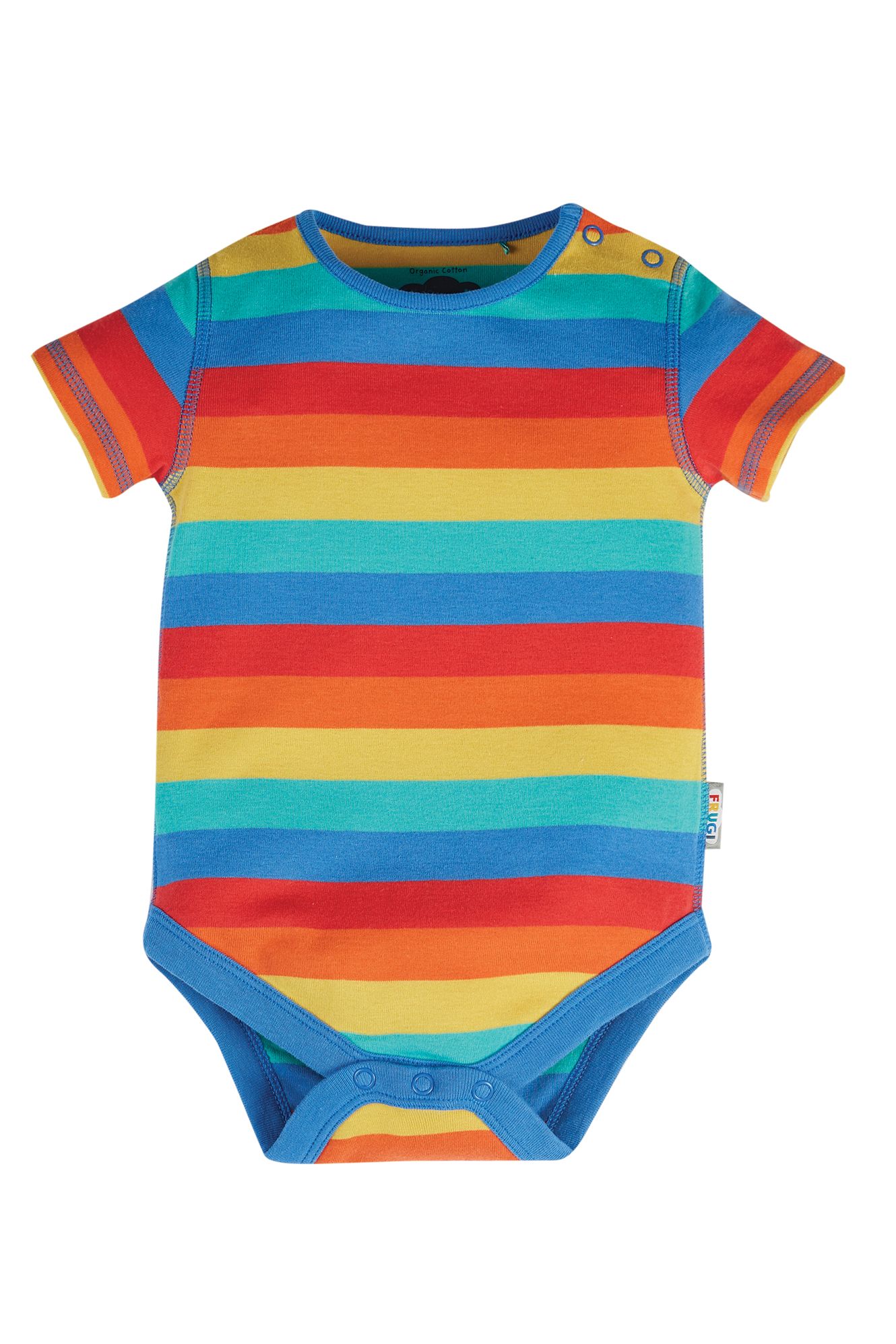 Colorful striped baby bodysuit on a white background