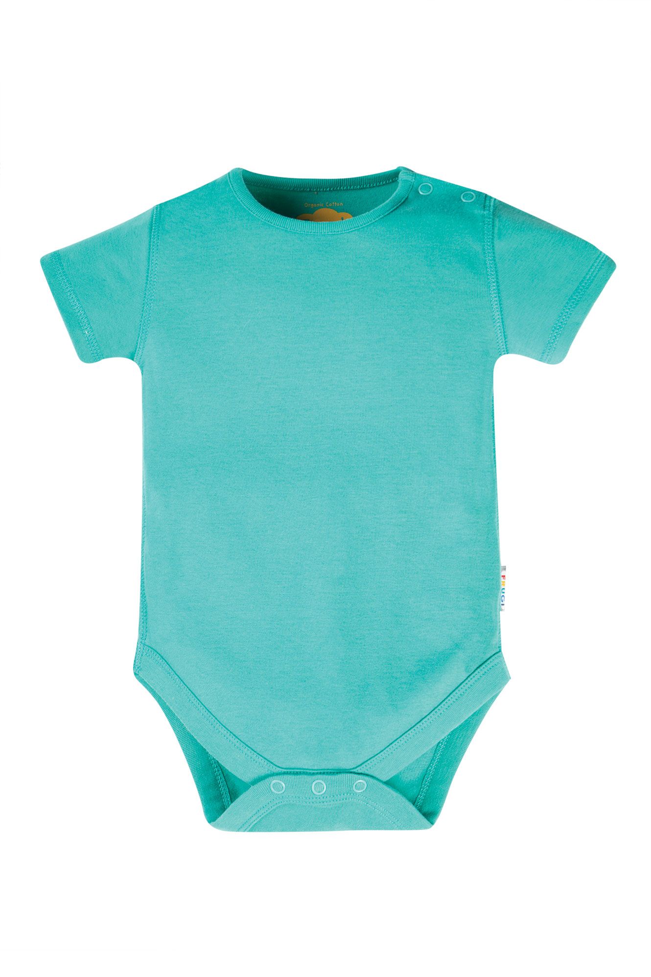 Turquoise baby onesie on a white background