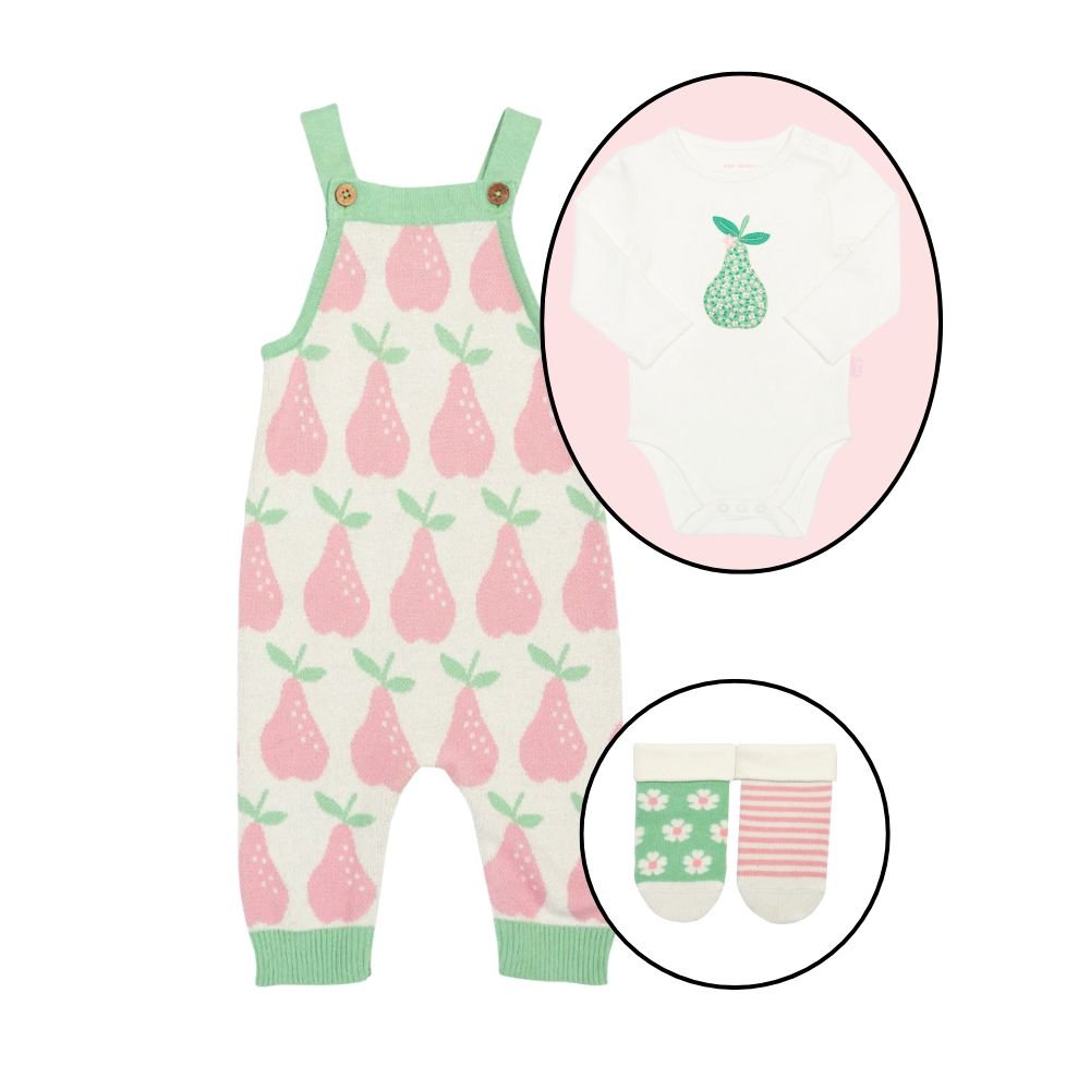 Baby romper with pear pattern, matching bib, and socks on a white background