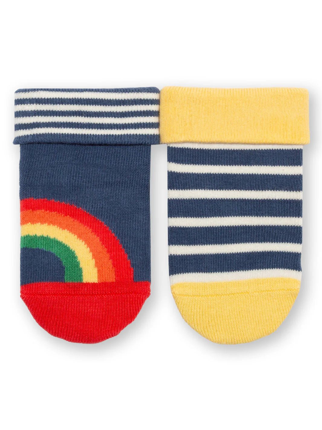 Pair of socks with a rainbow design and striped pattern on a white background