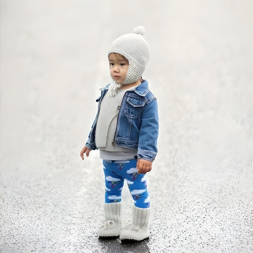 Child wearing a denim jacket, gray sweater, white knit hat, and blue leggings with cloud pattern on a snowy ground.
