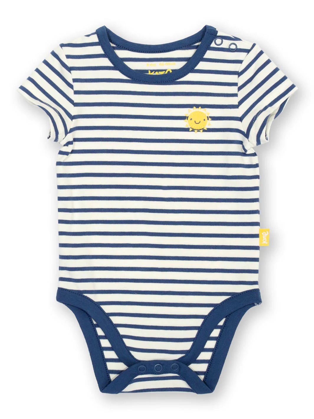 Striped baby bodysuit with a sun design on a white background