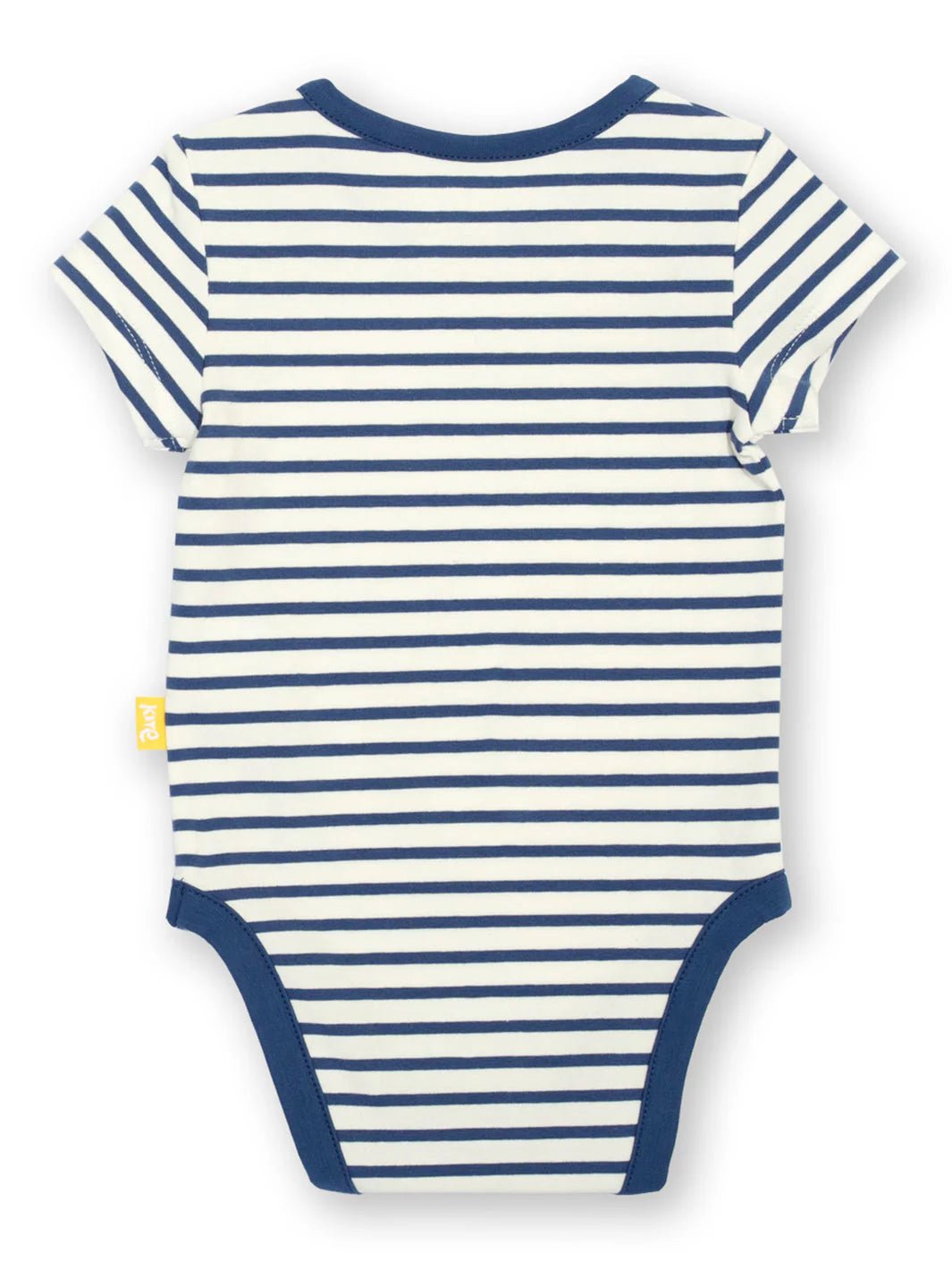 Blue and white striped baby onesie on a white background