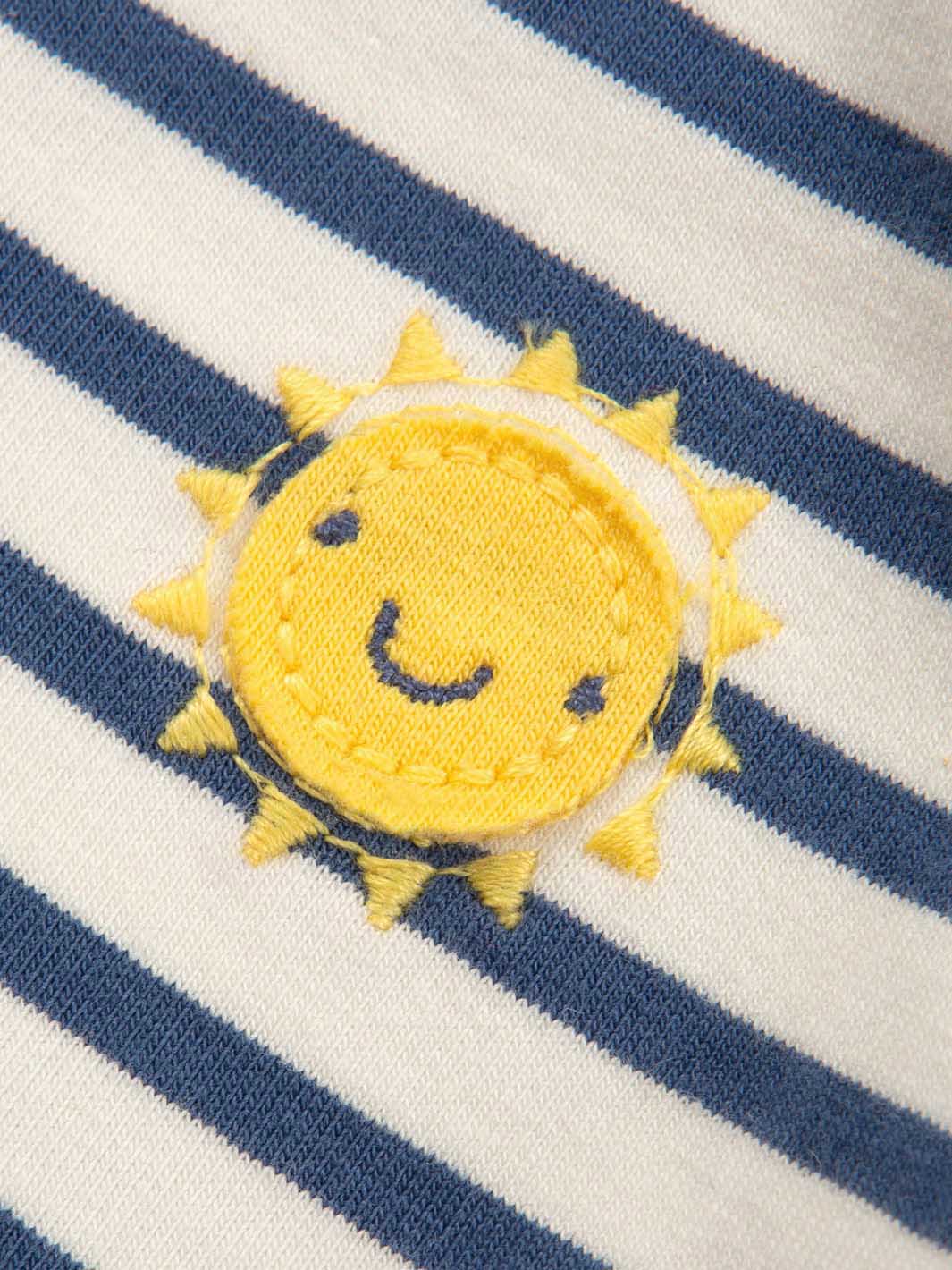 Yellow sun with a smile on a blue and white striped background